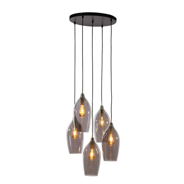 Light & Living hanglamp 5L Ø45×36 cm Lukaro antiek brons+ glas smoke