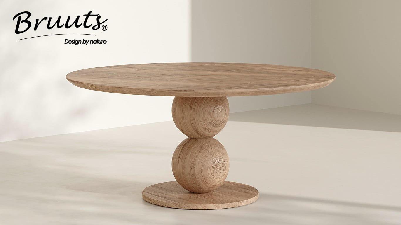 SHOWMODEL UrbanSofa Bruuts eettafel rond verjongd blad bolpoot hout 120 cm Acacia Silky Maple