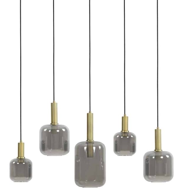 Light & Living hanglamp 5L 110x22x32 cm Lekar antiek brons+smoke glas