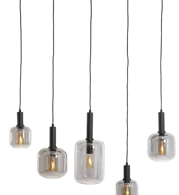 Light & Living hanglamp 5L 110x22x32 cm Lekar zwart+smoke glas