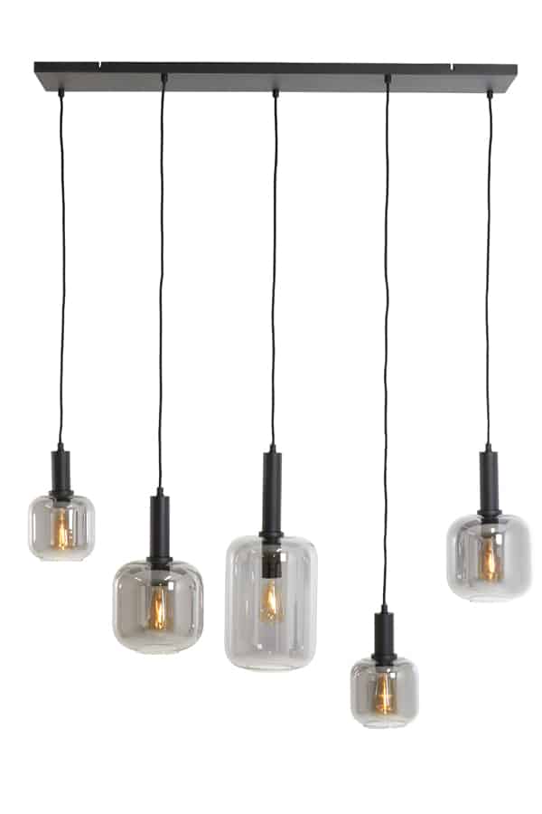 Light & Living hanglamp 5L 110x22x32 cm Lekar zwart+smoke glas