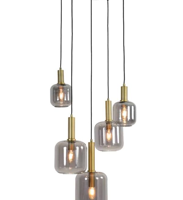 Light & Living hanglamp 5L Ø66x80 cm Lekar antiek brons+smoke glas
