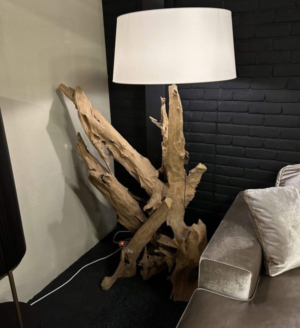 SHOWMODEL Vloerlamp Mangrove hout met witte ronde kap