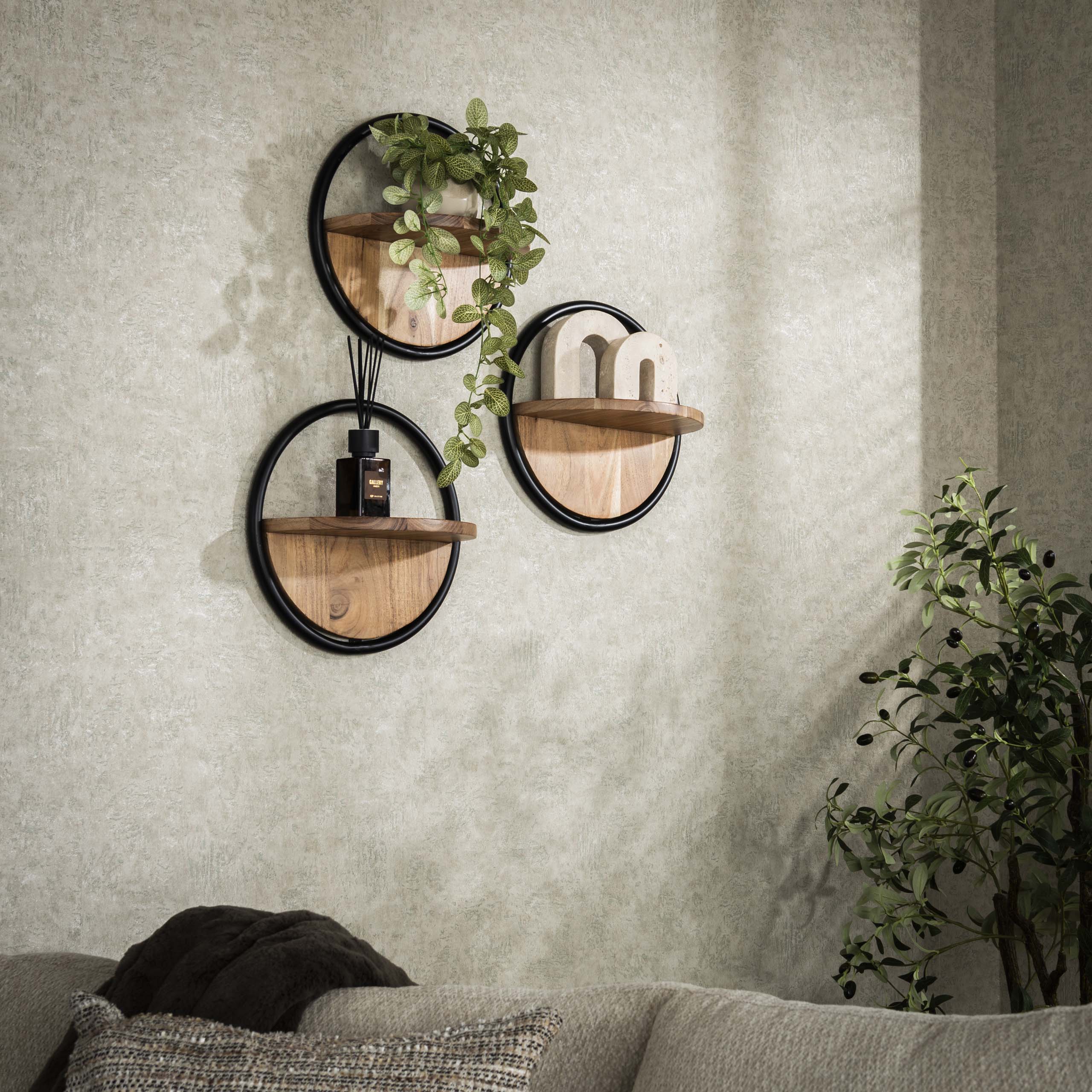 Wandschap Round set van 3 / Massief acacia