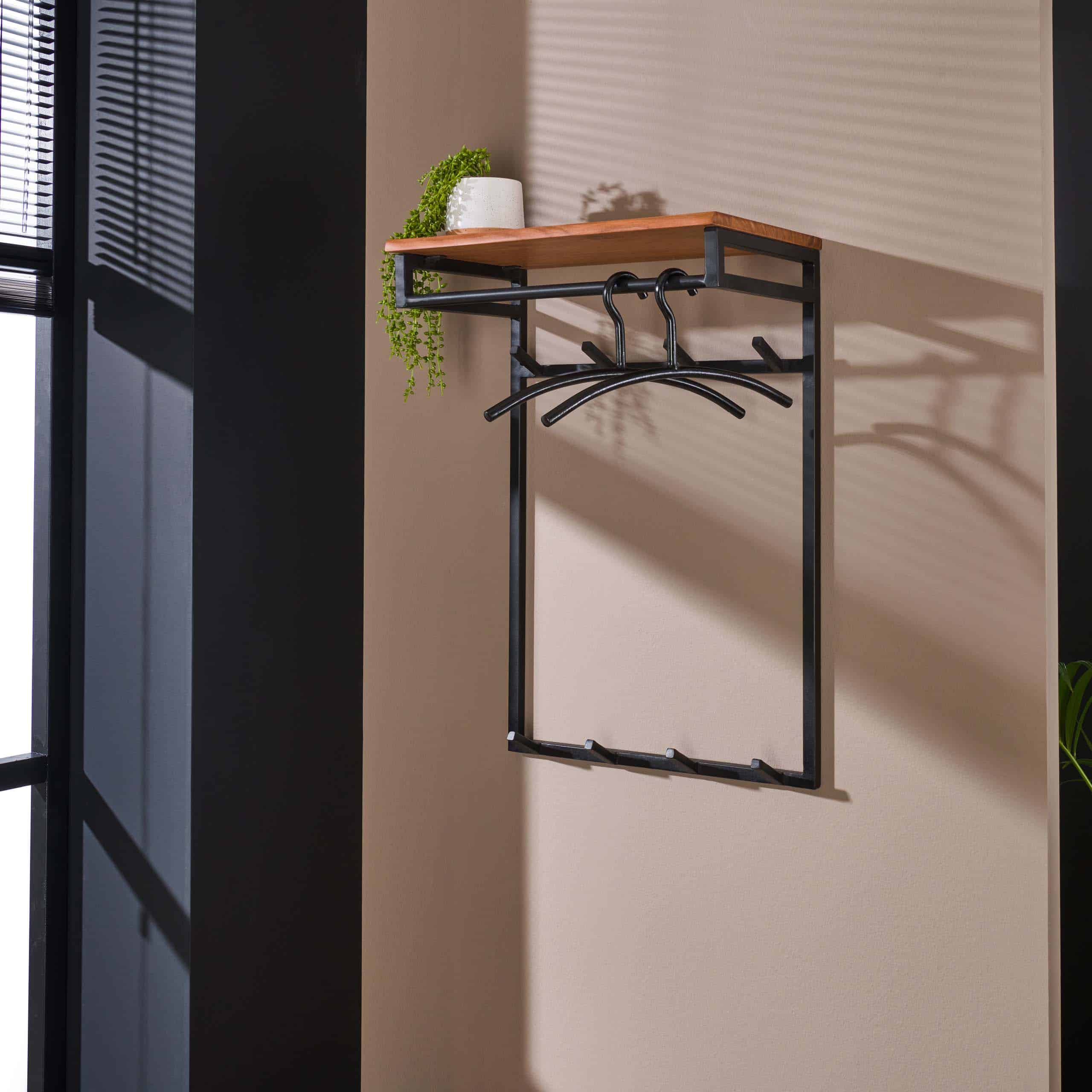 Kapstok Custom hoog roede en hoedenplank 2x4 haken / Massief acacia