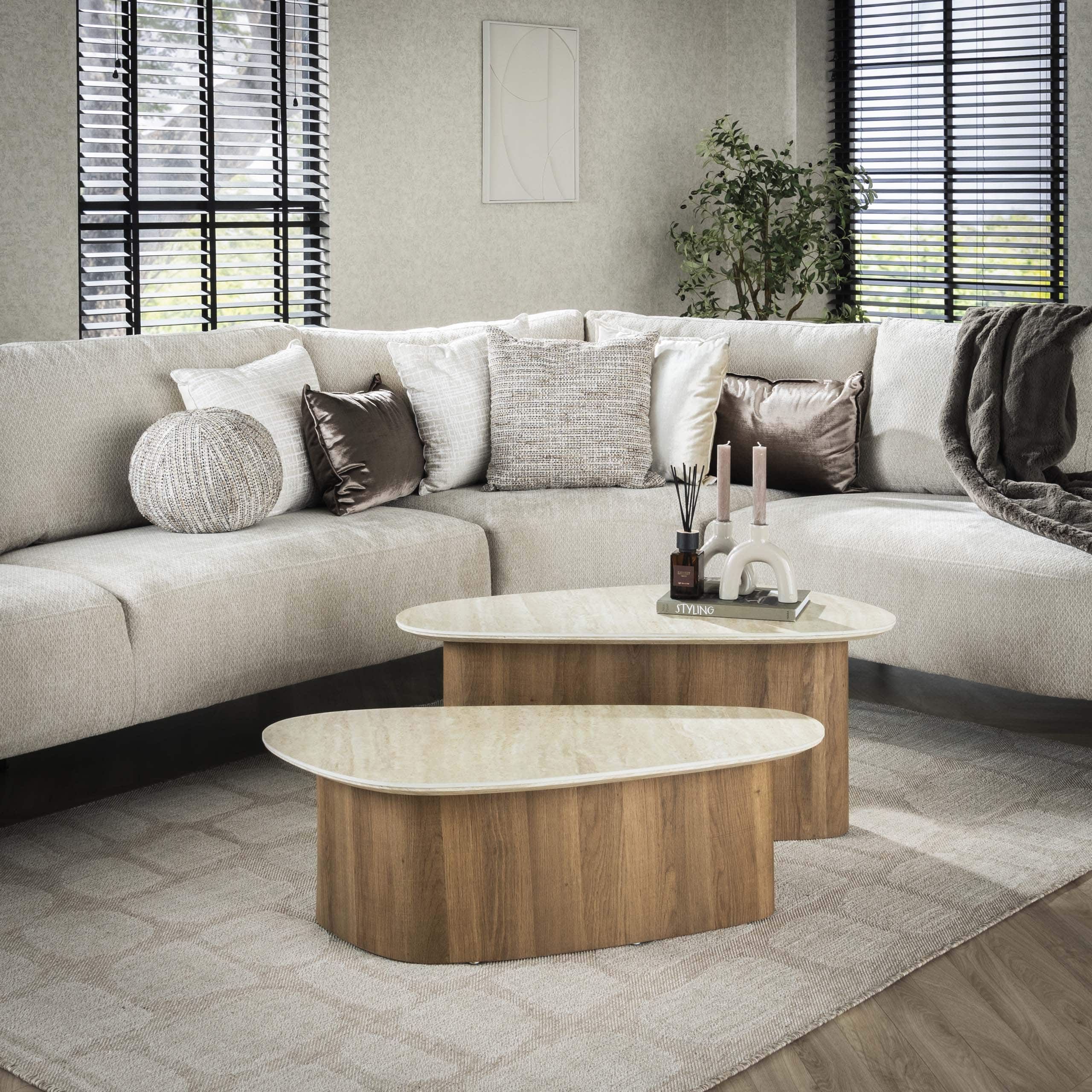 Salontafel Romano driehoekig set van 2 / Keramiek travertin