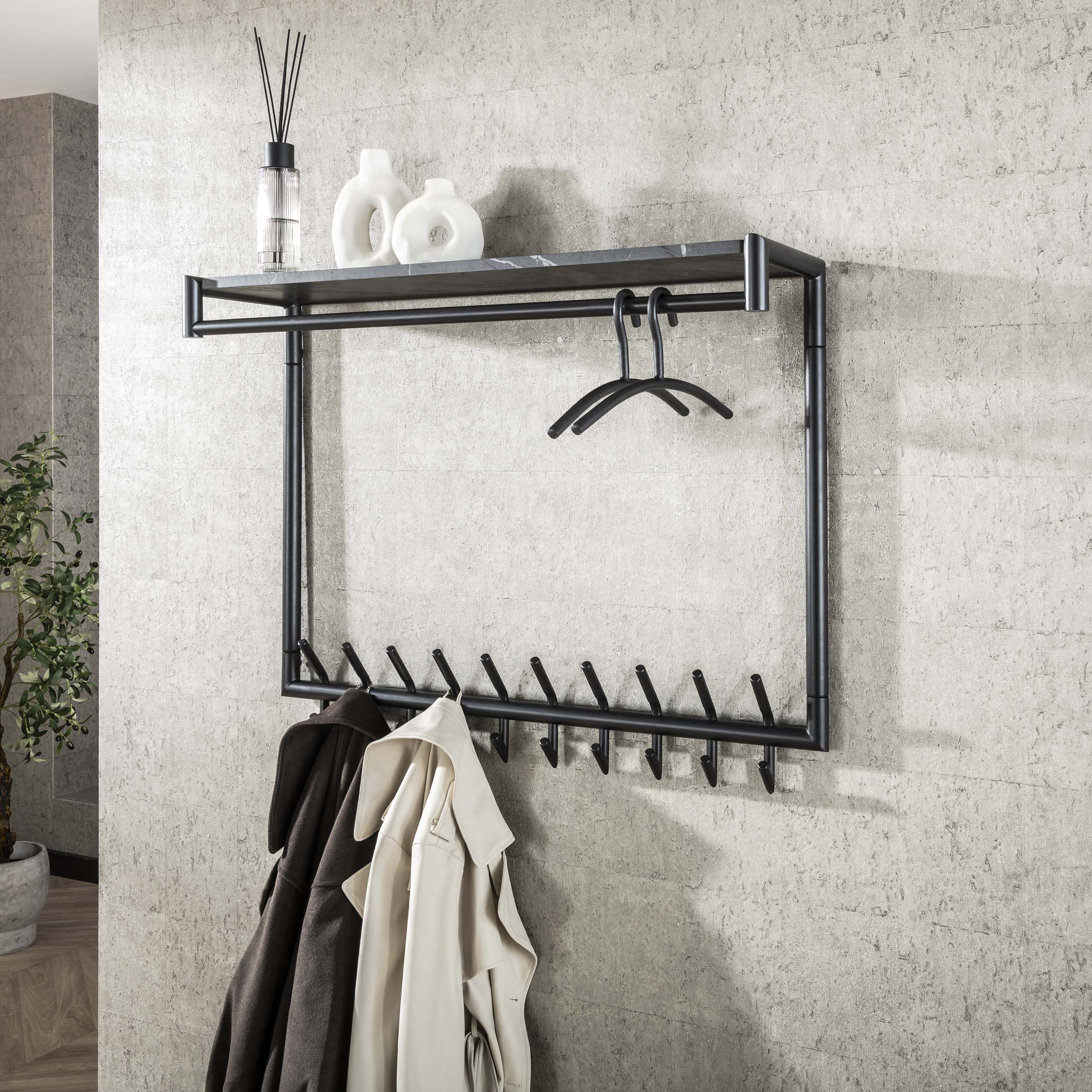 Kapstok Tenaro hoog roede en hoedenplank 2x10 haken / 3D melamine graphite