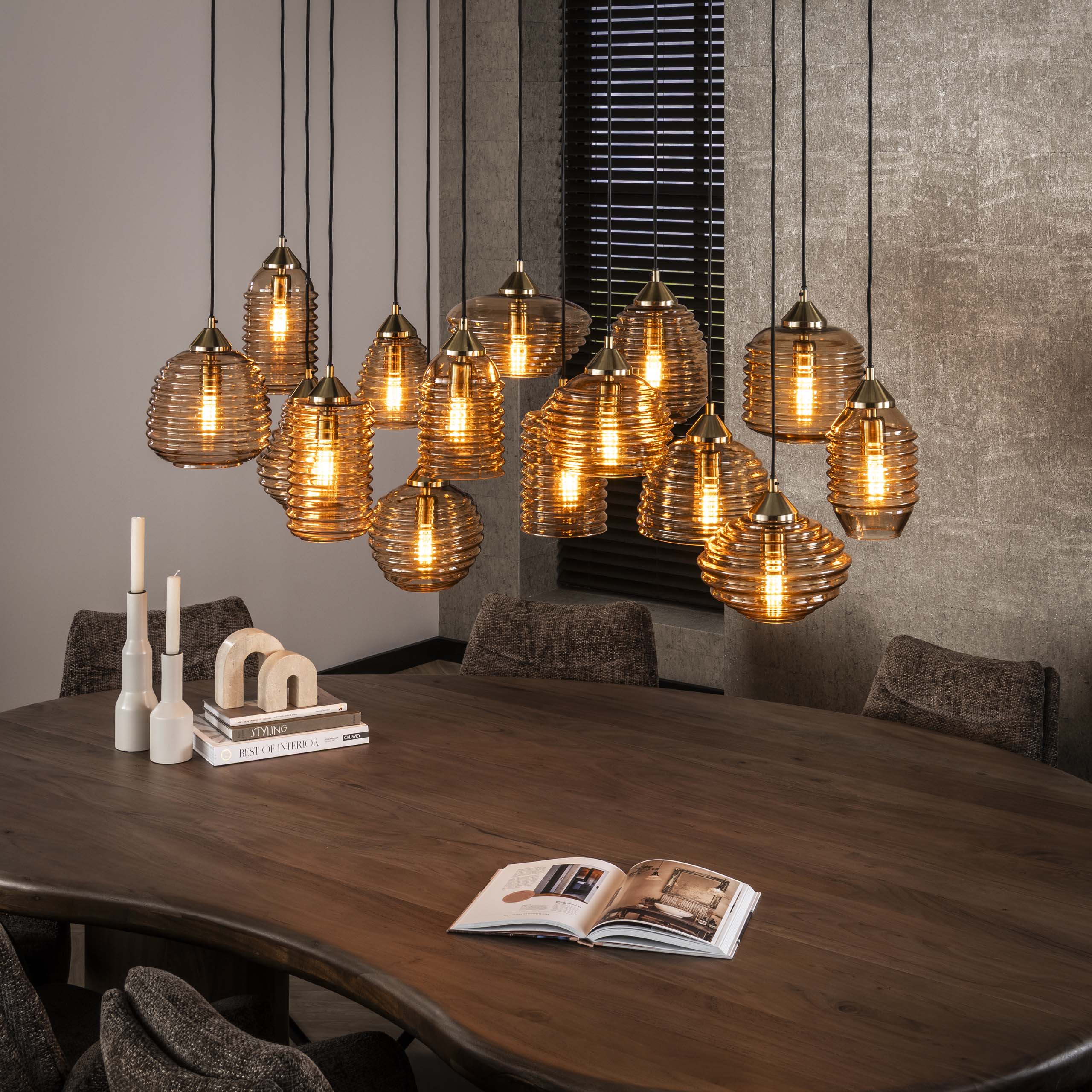 Hanglamp Rib Glass 5+5+5-lichts / Amber glas