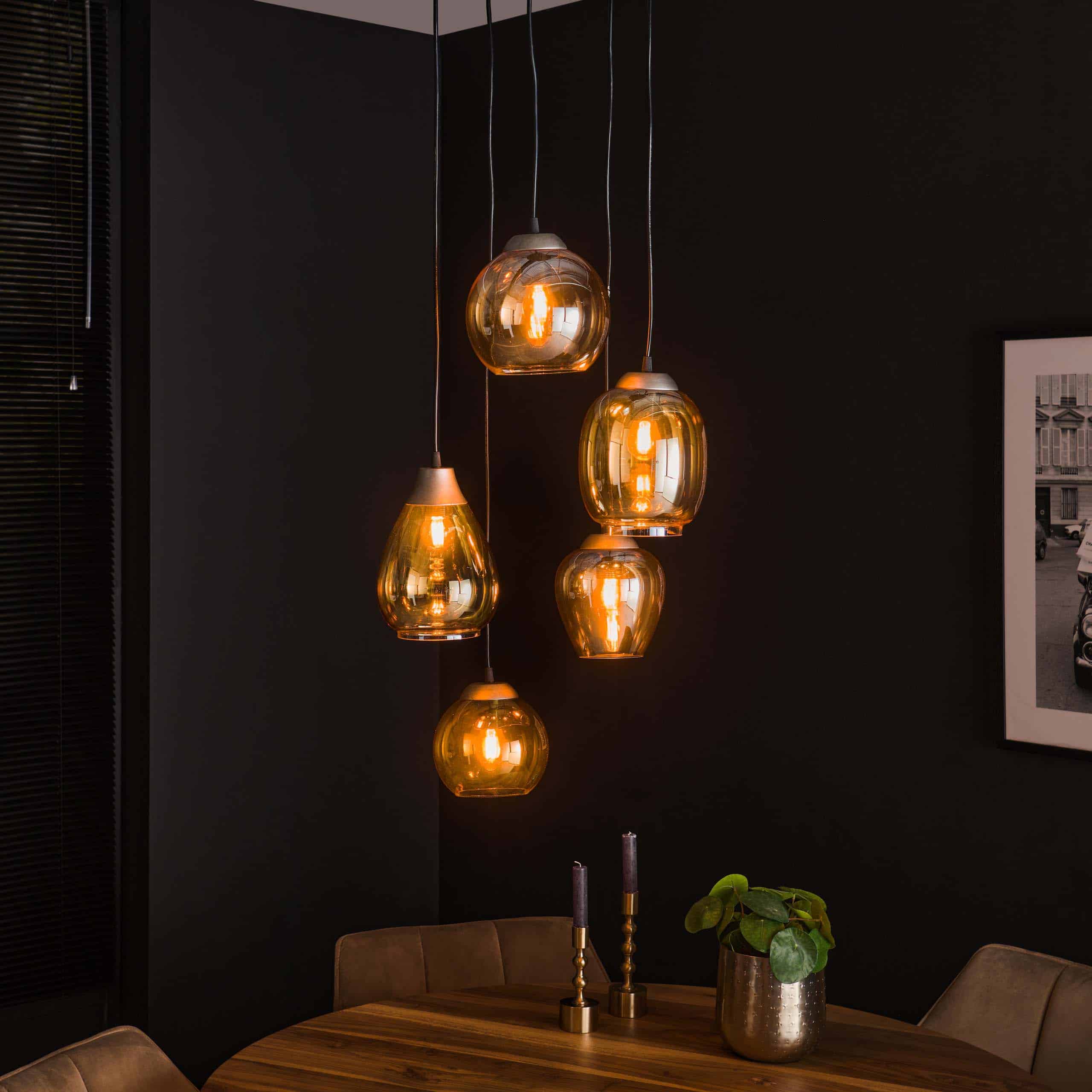 Hanglamp Mix getrapt 5-lichts / Amber glas