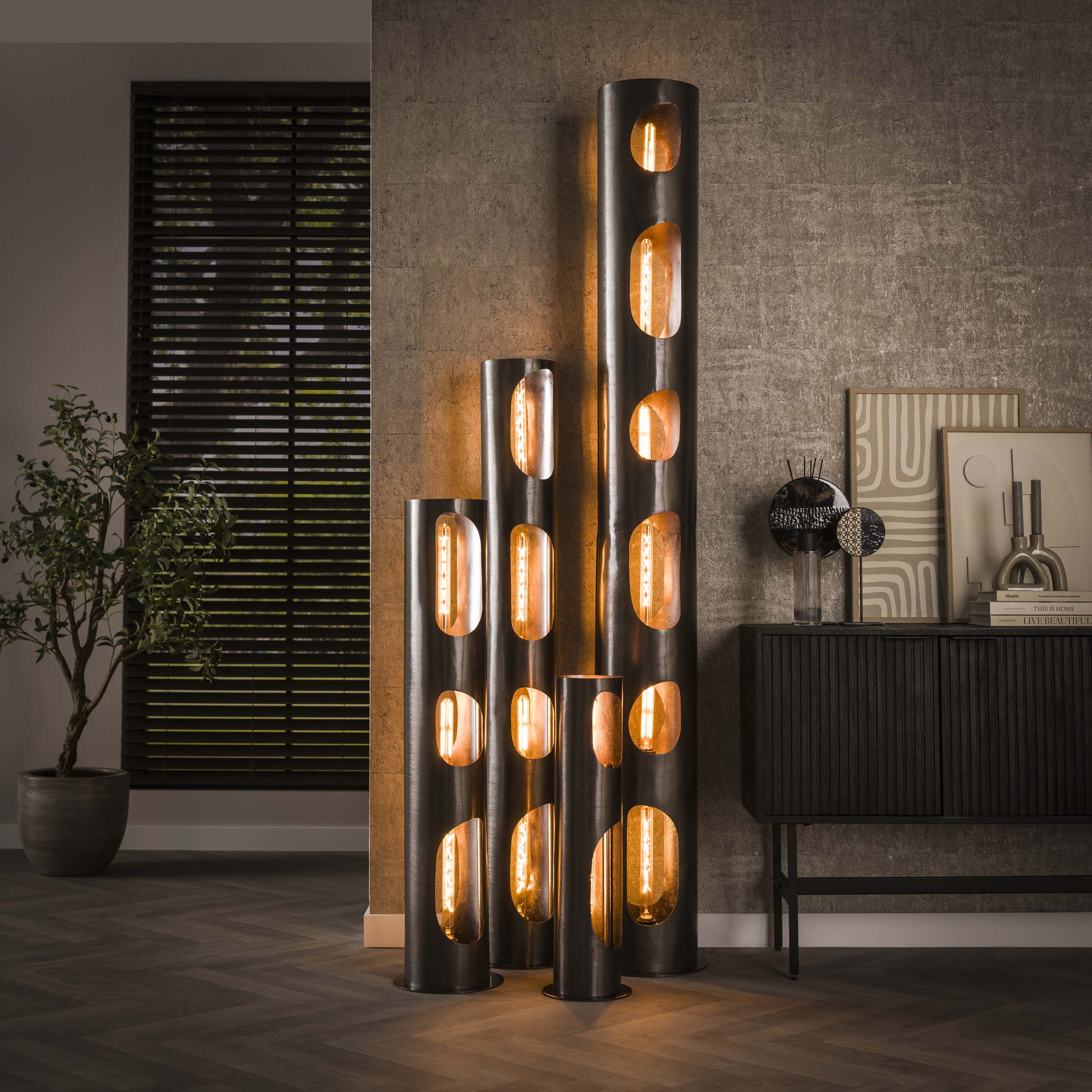 Vloerlamp Organic Cylinder 3-lichts / Zwart nikkel