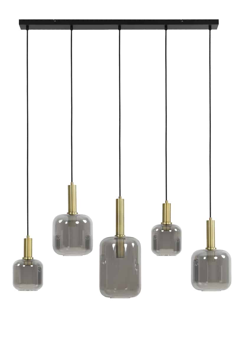 Light & Living hanglamp 5L 110x22x32 cm Lekar antiek brons+smoke glas