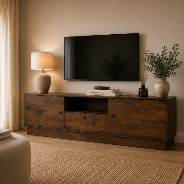 Nijwie MySons TV dressoir 150 met 2 deuren, 1 lade en 1 open vak, Mango Brown Walnut – Kaapstad Collection